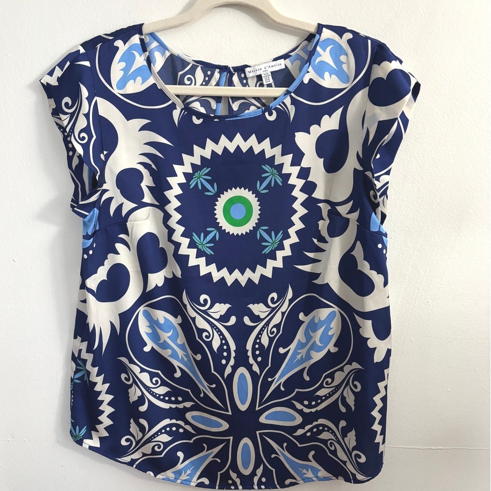 Maison d'Amélie Paris Blouse Blue Prism Medallion Cap Sleeve Casual Modern Fit M